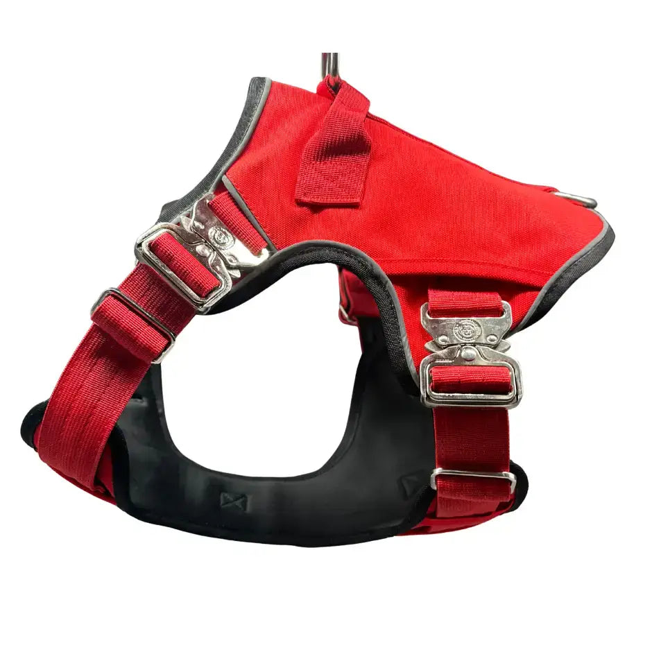 Red and black ultimate btactical harness in citrus red with silver metal buckles and hidden tracker pocket