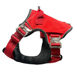 Red and black ultimate btactical harness in citrus red with silver metal buckles and hidden tracker pocket