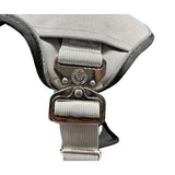 Gray fabric ultimate btactical harness with black trim silver buckles and hidden tracker pocket in harness misty grey