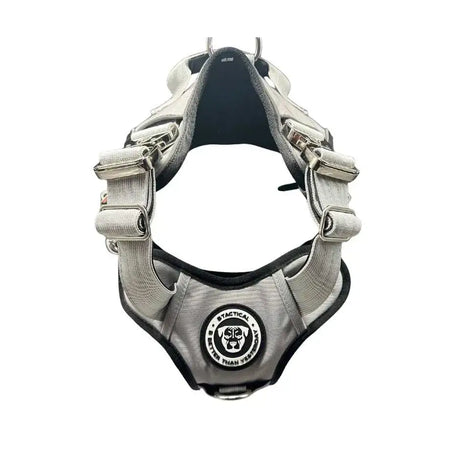 Gray and black tactical dog harness misty grey with adjustable straps metal buckles and hidden tracker pocket patch