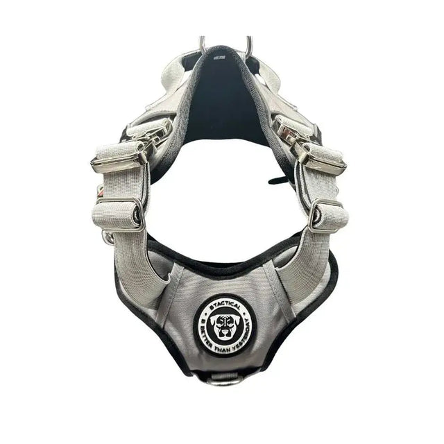 Gray and black tactical dog harness misty grey with adjustable straps metal buckles and hidden tracker pocket patch
