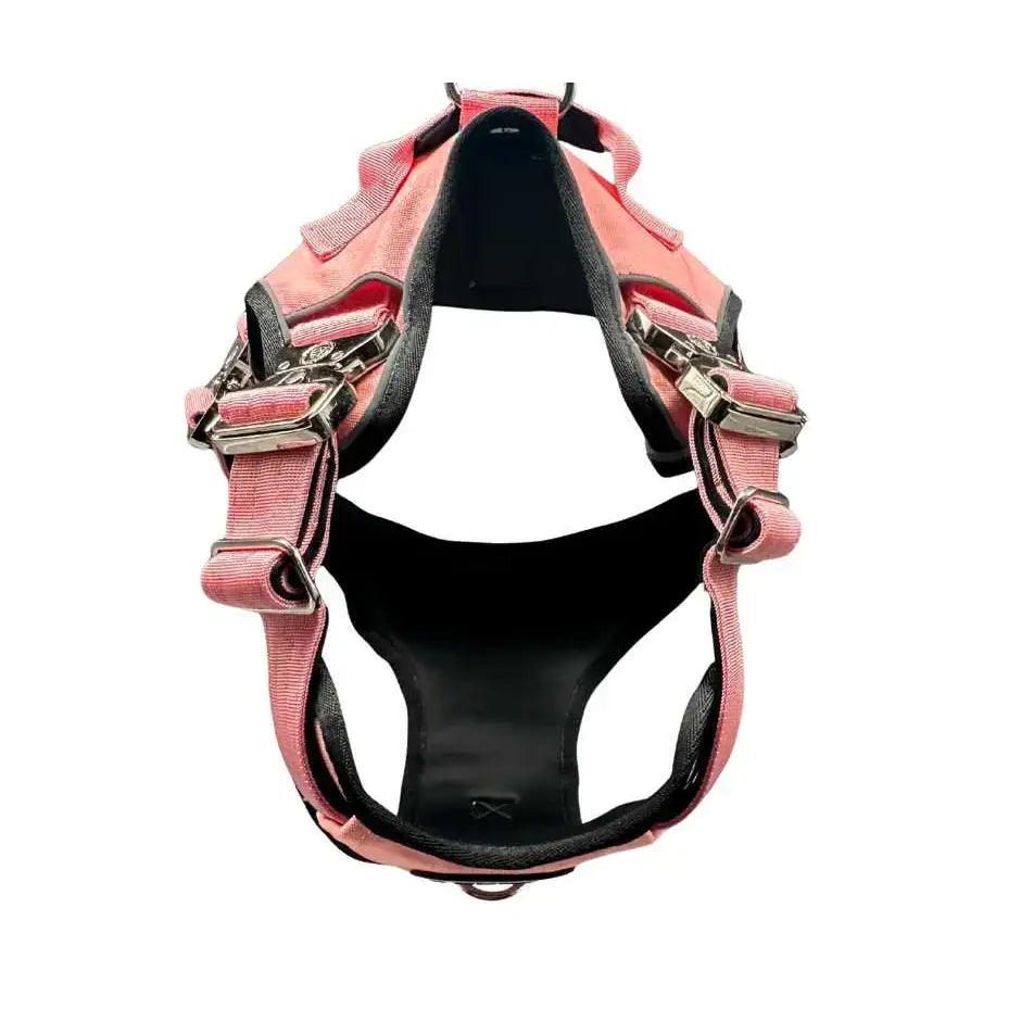 Pink and black no pull ultimate btactical harness with adjustable straps silver buckles and hidden tracker pocket