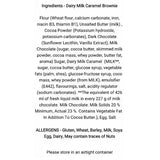 The back label of the old parlour bakes brownie cake slice showing dairy milk caramel brownie ingredients in north devon