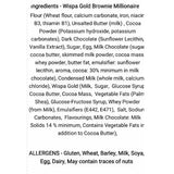 Back side ingredient list of the old parlour bakes brownie millionaire slice showing gooey chocolate details