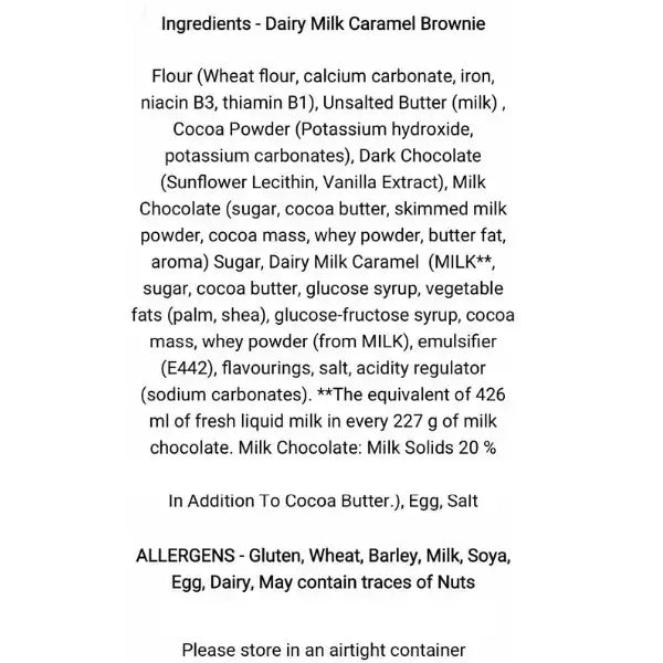 Ingredient list on back of the old parlour bakes caramel shortbread cake slice with dairy milk caramel and white chocolate from north devon