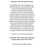 Ingredient list on back of the old parlour bakes caramel shortbread cake slice with dairy milk caramel and white chocolate from north devon