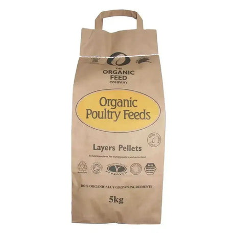 A brown paper bag of the organic feed company organic layers pellets farmyard layers feed weighing 5kg