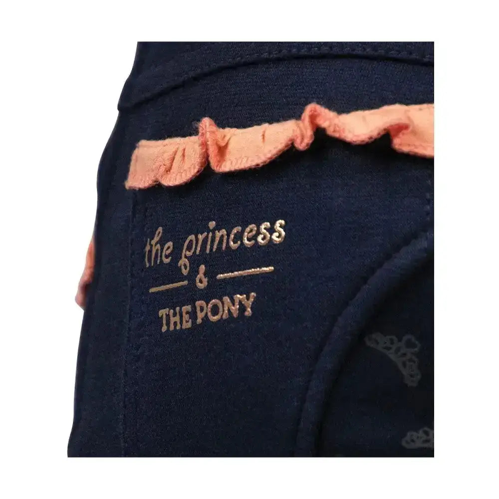 Navy stretch material the princess and the pony pull on jodhpurs with peach ruffles elasticated waistband gold foil text