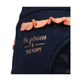 Navy stretch material the princess and the pony pull on jodhpurs with peach ruffles elasticated waistband gold foil text