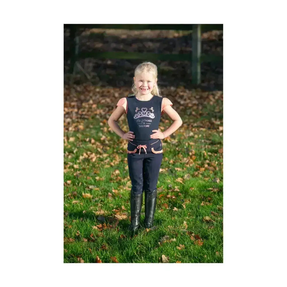 Navy blue sleeveless top with pink trim and princess graphic in dark navy stretch material perfect with elasticated waistband jodhpurs