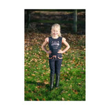 Navy blue sleeveless top with pink trim and princess graphic in dark navy stretch material perfect with elasticated waistband jodhpurs