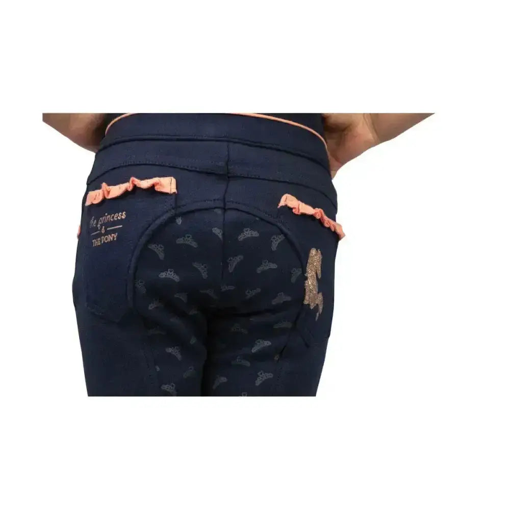 Back view of the princess and the pony pull on jodhpurs in dark navy stretch with elasticated waistband and peach ruffles