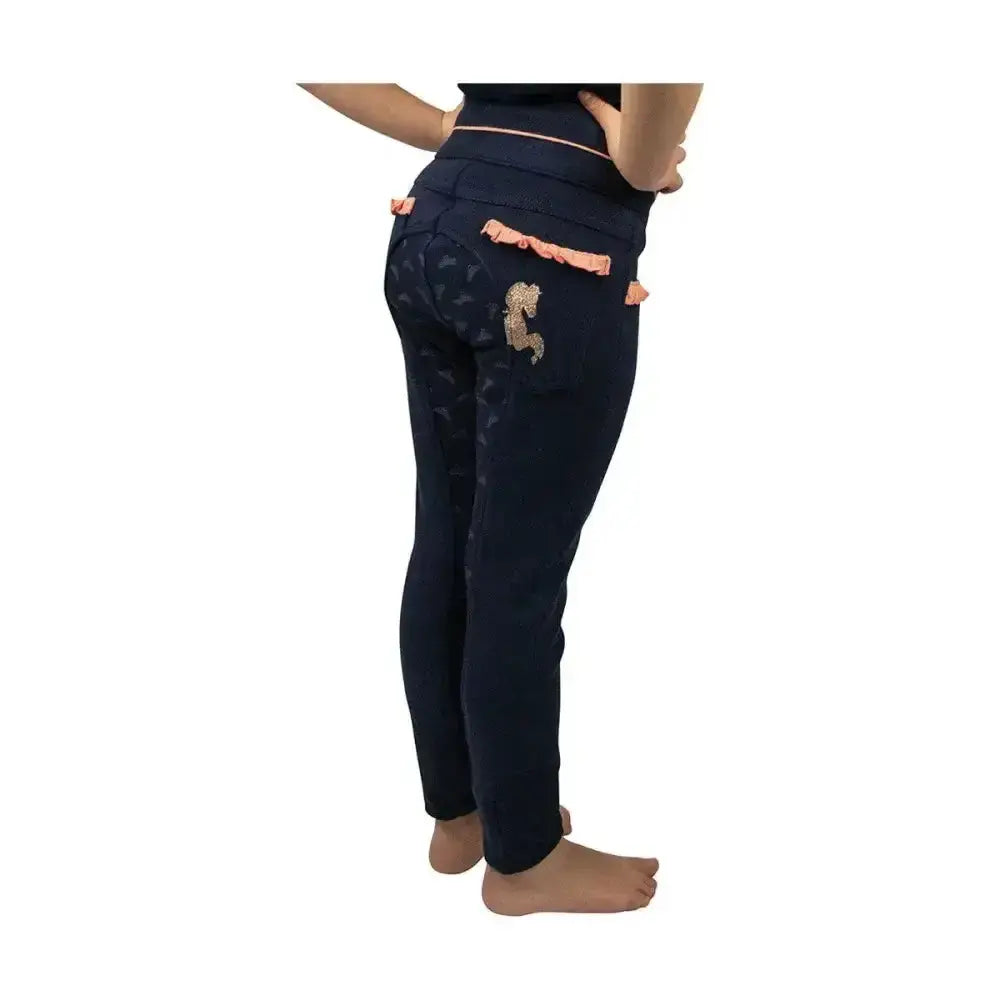 Back side of the princess and the pony pull on jodhpurs in dark navy stretch with peach ruffles and glittery horse embroidery