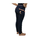 Back side of the princess and the pony pull on jodhpurs in dark navy stretch with peach ruffles and glittery horse embroidery