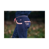 Back view of the princess and the pony pull on jodhpurs by little rider in dark navy stretch with pink ruffled trim and elasticated waistband