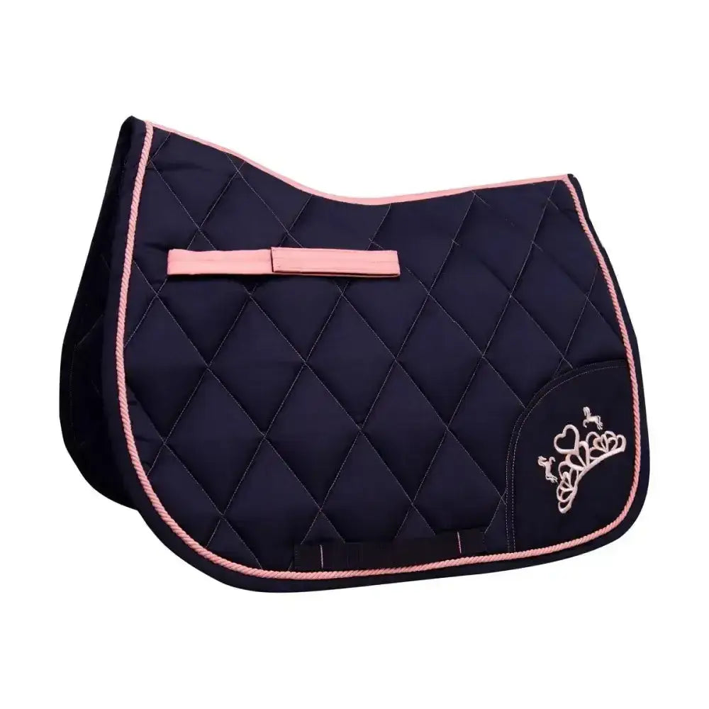 Navy blue quilted pony saddle pad with pink piping and strap featuring a white embroidered crown by little rider