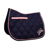 Navy blue quilted pony saddle pad with pink piping and strap featuring a white embroidered crown by little rider