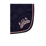 Navy blue quilted pony saddle pad with pink embroidered crown hearts and pink rope trim by little rider