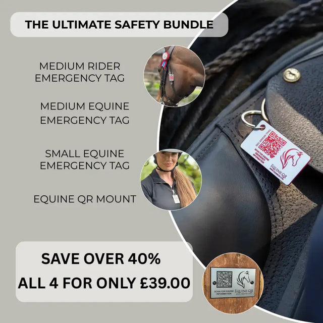 White rectangular emergency tag with red qr code and horse logo on black saddle for ultimate equestrian safety medical info