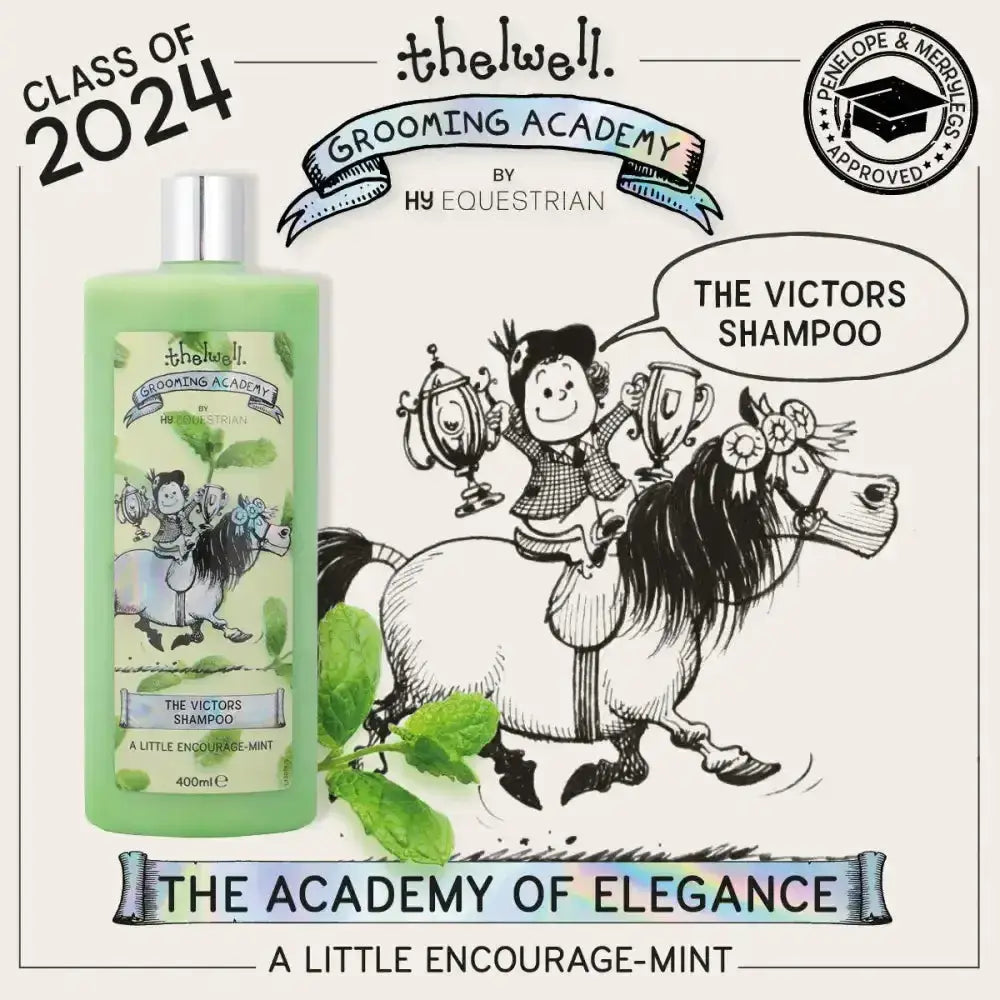 Green plastic bottle of thewell grooming academy victors shampoo with silver cap and equestrian label fragranced antibacterial shampoo