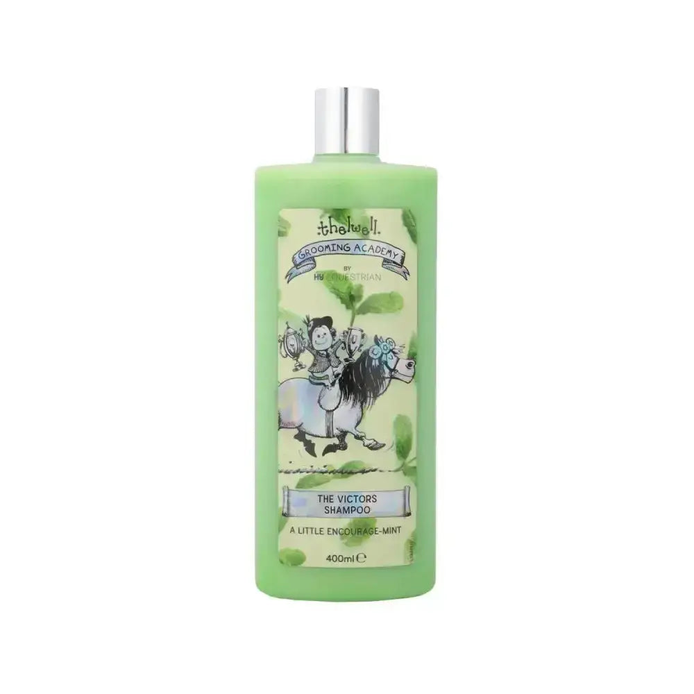 Light green plastic bottle of thelwell grooming academy victor’s shampoo with silver cap and cartoon label design
