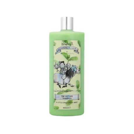 Light green plastic bottle of thelwell grooming academy victor’s shampoo with silver cap and cartoon label design