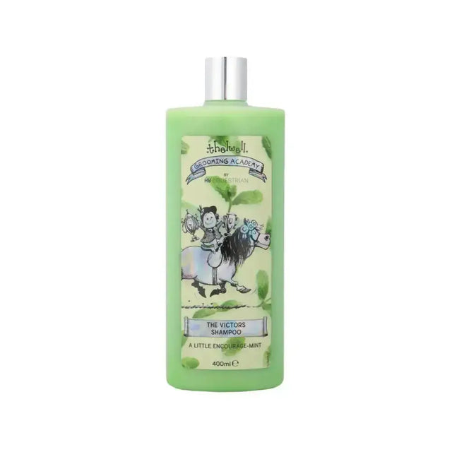 Light green plastic bottle of thelwell grooming academy victor’s shampoo with silver cap and cartoon label design