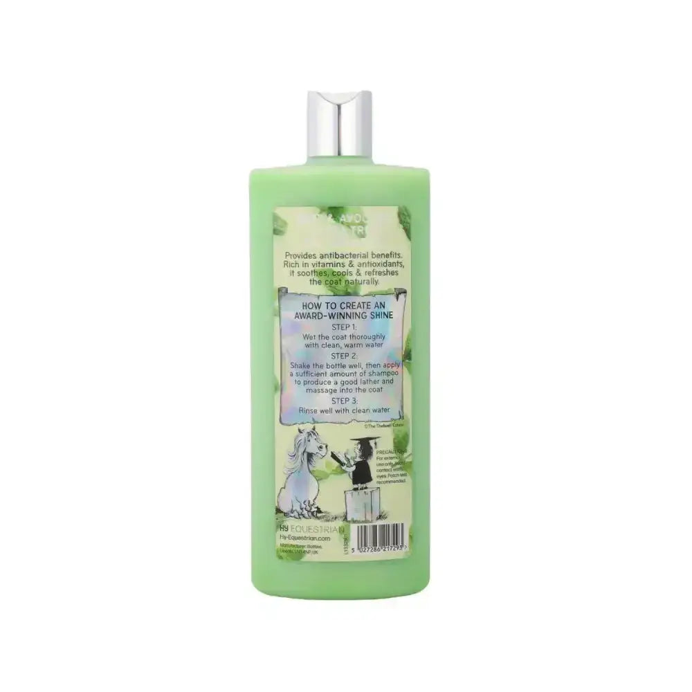 Light green plastic bottle with silver cap labeled horse and hound victor’s shampoo by thelwell grooming academy fragranced antibacterial shampoo