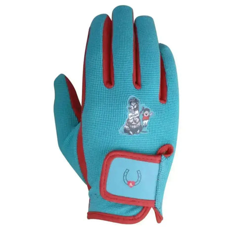 Back of teal and red thelwell riding gloves for kids with cartoon patch and amara grip palm fun childs gloves
