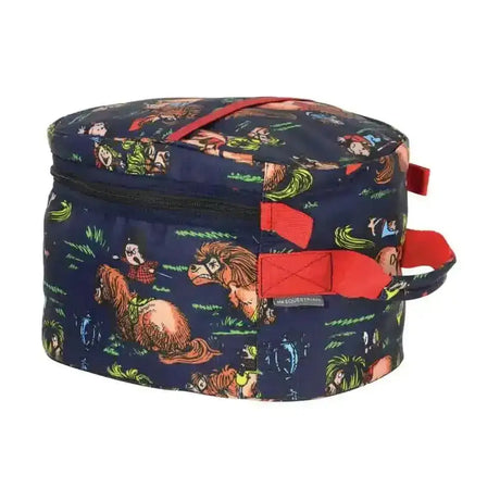 Navy blue cylindrical thelwell riding hat bag with cartoon horse print red straps from equestrian thelwell collection