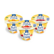 Four creamy yoghurt golden yellow cups of thick & creamy yoghurt in apricot mango strawberry and cherry flavors