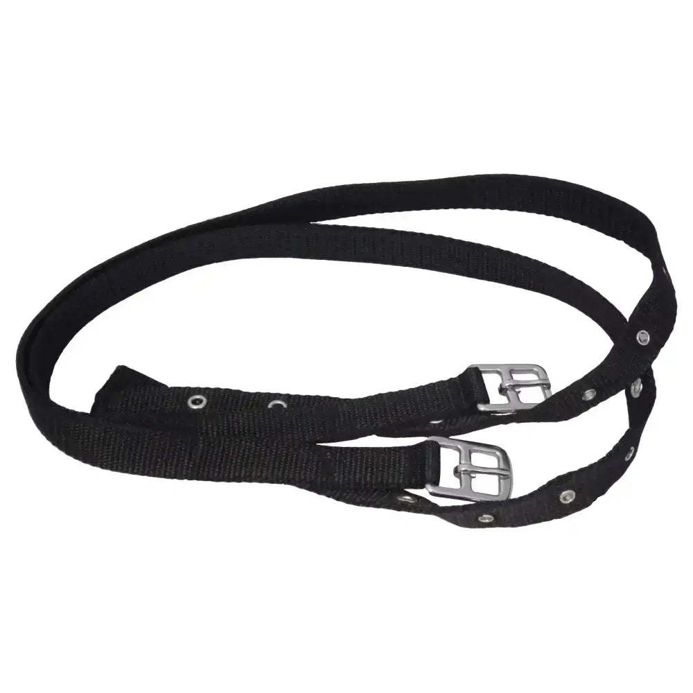 Black nylon thin stirrup leathers with 19mm non-stretch webbing and silver nickel plated eyelets buckle straps