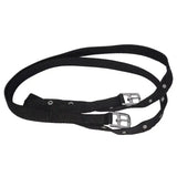 Black nylon thin stirrup leathers with 19mm non-stretch webbing and silver nickel plated eyelets buckle straps