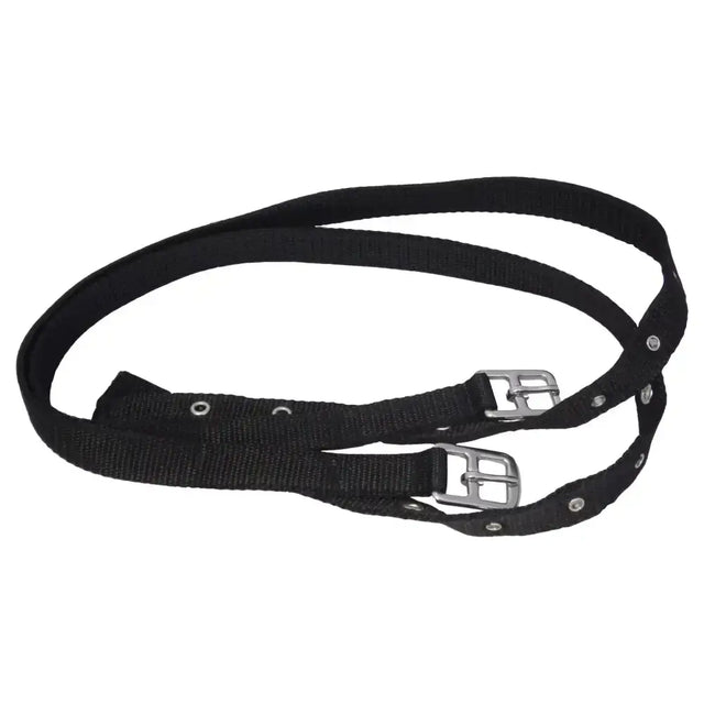 Black nylon thin stirrup leathers with 19mm non-stretch webbing and silver nickel plated eyelets buckle straps