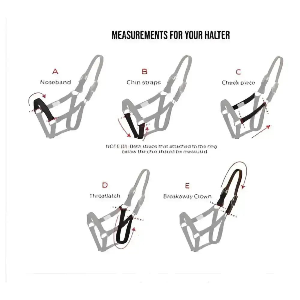 Gray thinline replacement breakaway halter piece with black reinforced straps and labeled measurement points for flexible use
