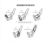 Gray thinline replacement breakaway halter piece with black reinforced straps and labeled measurement points for flexible use