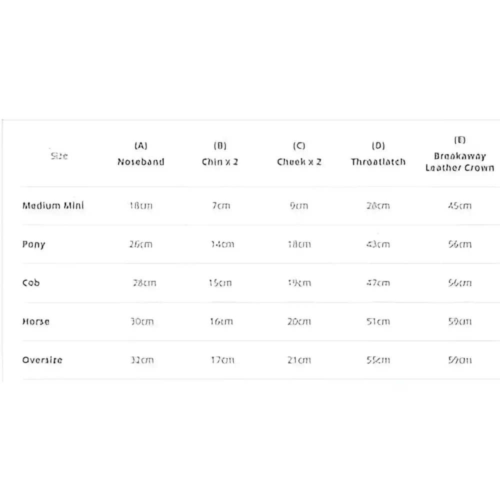 Size chart for ThinLine replacement breakaway halter piece showing measurements for flexible breakaway halters in cm