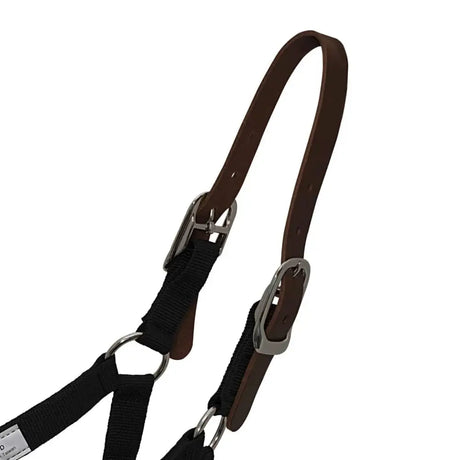 Brown leather thinline replacement breakaway halter piece with black webbing and silver hardware for flexible breakaway halter