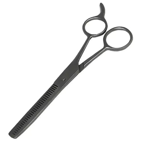 Black metal stainless steel thinning scissors with serrated blades for precise hair styling and horse clippers use