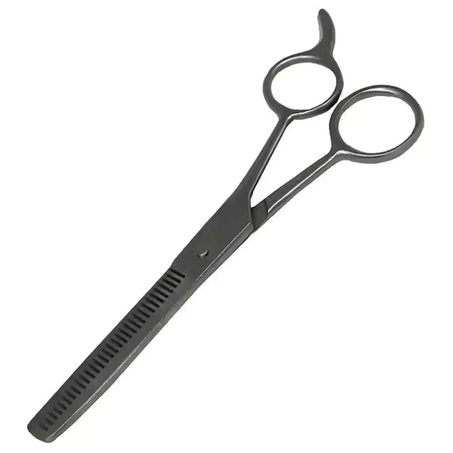 Black metal stainless steel thinning scissors with serrated blades for precise hair styling and horse clippers use