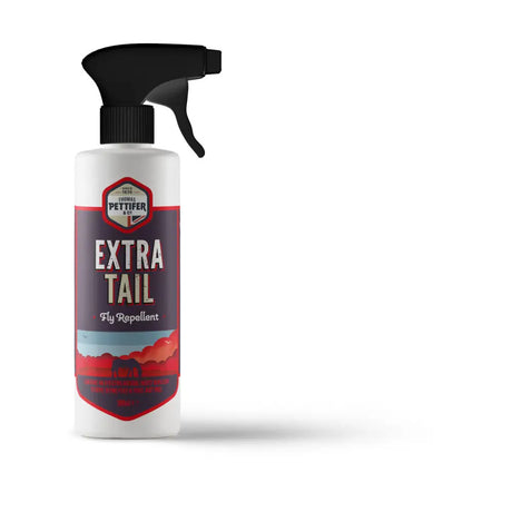 White spray bottle with black trigger nozzle labeled thomas pettifer extra tail water-based fly repellent with chrysanthemum oils