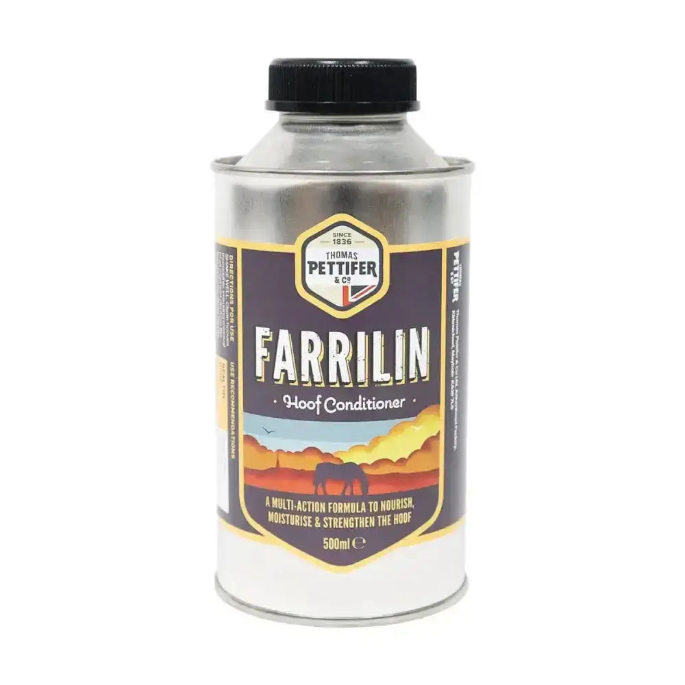A 500ml silver can of thomas pettifer farrilin hoof conditioner for farrilin hoof health by pettifer co