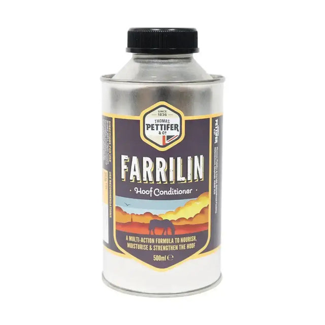 A 500ml silver can of thomas pettifer farrilin hoof conditioner for farrilin hoof health by pettifer co