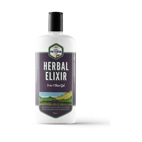 A white plastic bottle with black cap of thomas pettifer herbal 3-in-1 skin gel featuring a purple countryside label