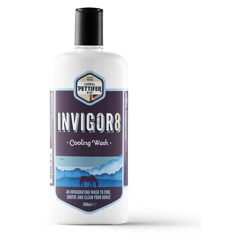 White plastic bottle with black cap and purple blue label of thomas pettifer invigor8 cooling wash to soothe tired muscles