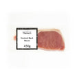 Thorners naturally smoked back bacon 450g in clear plastic with black and white label free range smokey pork