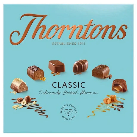 Thorntons assorted classic chocolate box 150g with rich brown chocolates golden drizzle and nut toppings on blue background