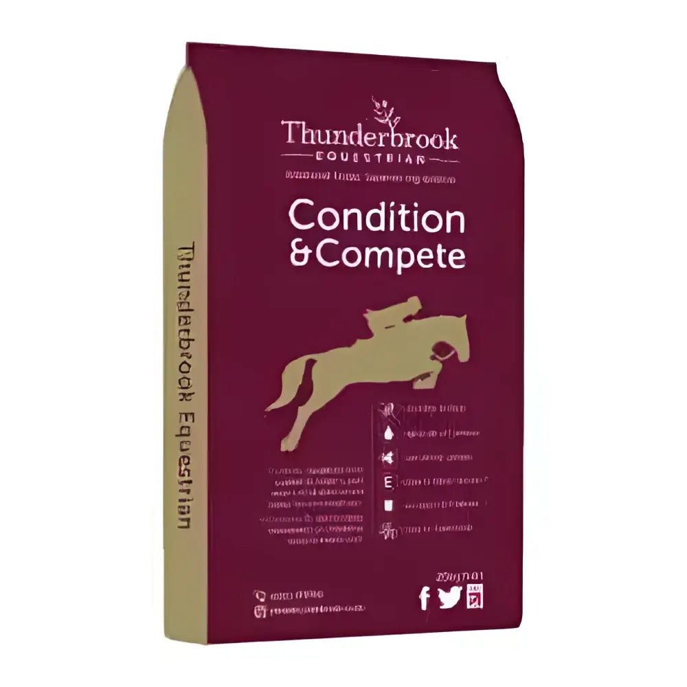 Maroon thunderbrook conditition horse feed bag with gold jumping horse silhouette featuring stabilised rice bran