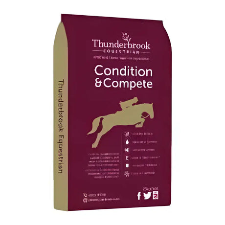 Maroon thunderbrook conditition horse feed bag with gold jumping horse silhouette featuring stabilised rice bran