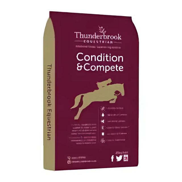 Maroon thunderbrook conditition horse feed bag with gold jumping horse silhouette featuring stabilised rice bran